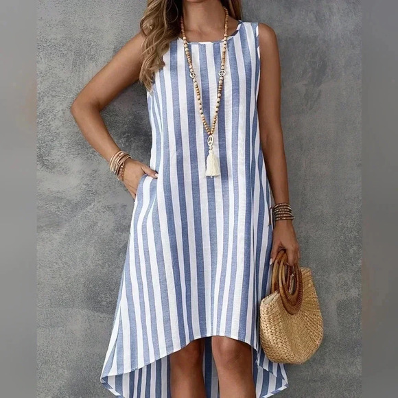 Island Vacation Style Striped Sleeveless Women Dress With Country Style - Picture 5 of 6